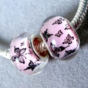 2 PCs Pink Butterfly European Bead Charm fits PANDORA